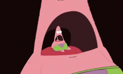 Patrick Star From Spongebob Squarepants Is Looking Out Of A Pink Mouth With His Mouth Open . GIF
