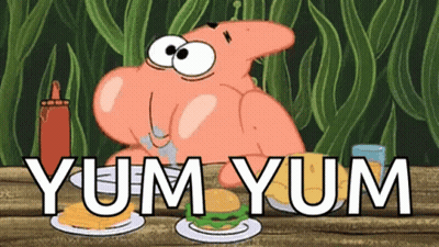 Patrick Star From Spongebob Squarepants Is Sitting At A Table Eating A Burger . GIF