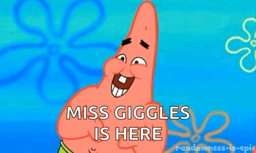 Patrick Star From Spongebob Squarepants Is Smiling And Saying `` Miss Giggles Is Here '' In Front Of A Flower . GIF
