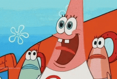 Patrick Star From Spongebob Squarepants Is Smiling While Standing Next To A Group Of Spongebob Characters . GIF