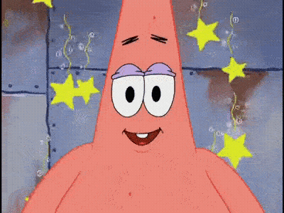 Patrick Star From Spongebob Squarepants Is Smiling With Purple Eyebrows GIF