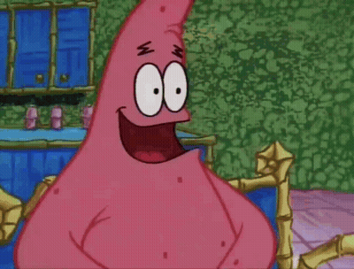 Patrick Star From Spongebob Squarepants Is Standing On A Blue Couch With His Mouth Open . GIF