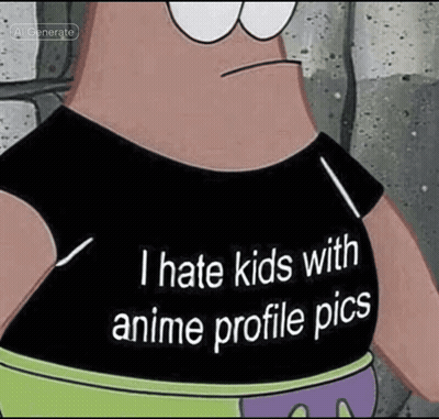 Patrick Star From Spongebob Squarepants Is Wearing A Black Shirt That Says `` I Hate Kids With Anime Profile Pics '' GIF