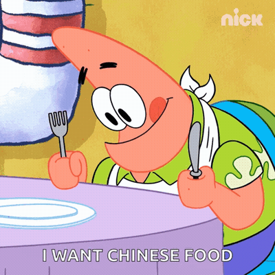 Patrick Star Holding Fork And Knife Saying I Want Chinese Food GIF
