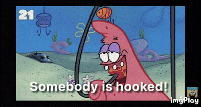Patrick Star Holding Hook Saying Somebody Is Hooked GIF