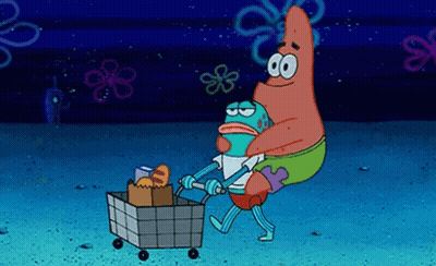 Patrick Star Is Pushing A Shopping Cart With A Spongebob Character In It . GIF