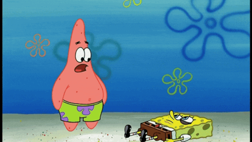 Patrick Star Is Standing Next To Spongebob Who Is Laying On The Sand GIF