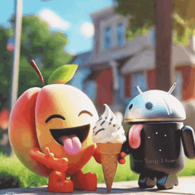 Peach And Android Eating Ice Cream On Sidewalk GIF
