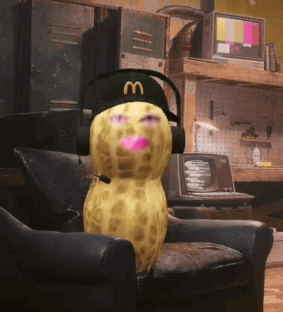 Peanut Wearing McDonald's Hat And Headphones GIF