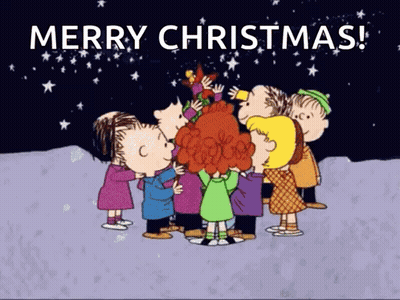 Peanuts Characters Around Christmas Tree GIF