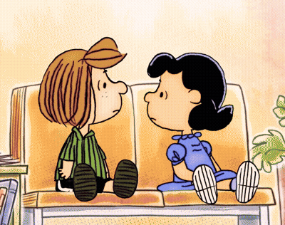 Peanuts Characters Charlie Brown And Lucy Brown Are Sitting Next To Each Other On A Bench GIF