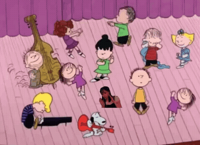 Peanuts Characters Dancing On Pink Stage GIF