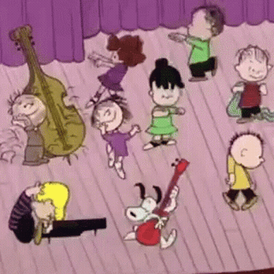 Peanuts Characters Dancing While Snoopy Plays Guitar GIF