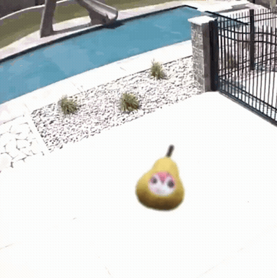 Pear With Face Sitting By Pool GIF