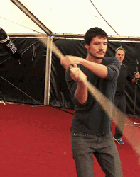 Pedro Pascal Martial Arts Swinging Stick  GIF