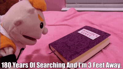 Penelope's Diary On Bed Next To Stuffed Animal GIF