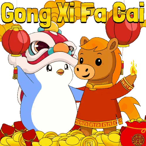 Penguin And Horse Gong Xi Fa Cai Sticker