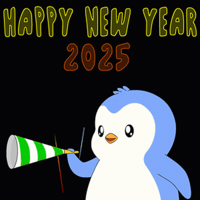 Penguin Blowing Party Horn With Happy New Year 2025 Fireworks GIF