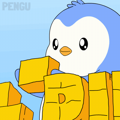 Penguin Building Word Trust With Yellow Bricks GIF