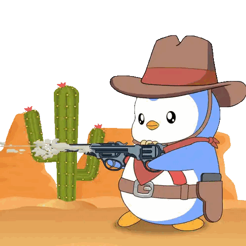 Penguin Cowboy Holding Gun Sticker