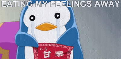 Penguin Crying Holding Food Saying Eating My Feelings Away GIF
