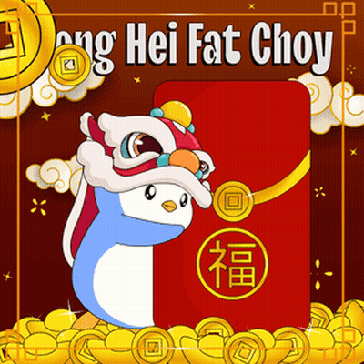 Penguin Dancing in Front of Red Envelope Saying Hong Hei Fat Choy