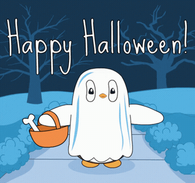 Penguin Dressed As Ghost Holding Trick Or Treat Bag GIF