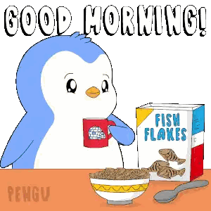 Penguin Drinking Coffee Next To Fish Flakes Sticker