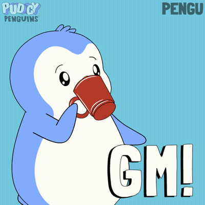Penguin Drinking From Red Cup Saying Gm GIF