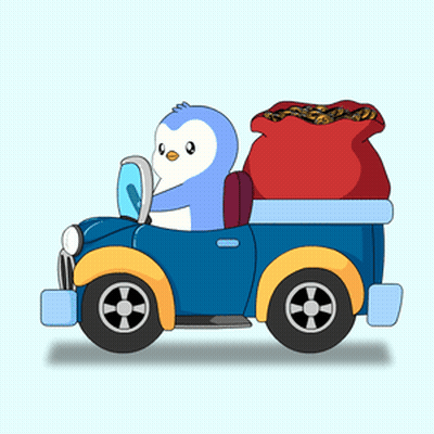 Penguin Driving Blue Car With Gold Bag GIF