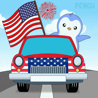 Penguin Driving Car With American Flag GIF