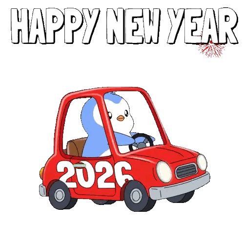 Pingüino manejando auto rojo con 2026 Sticker