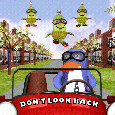 Penguin Driving Red Car With Don't Look Back GIF