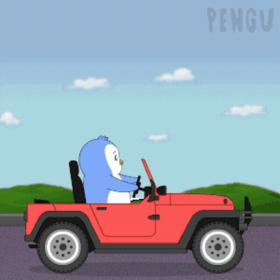 Penguin Driving Red Jeep With Word Pengu GIF