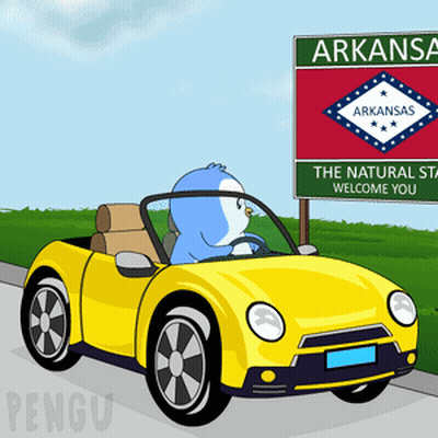 Penguin Driving Yellow Car Past Arkansas Sign GIF