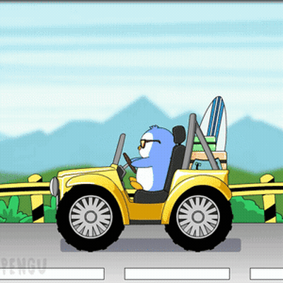 Penguin Driving Yellow Car With Surfboard GIF