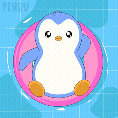 Penguin Floating On Pink Inflatable Ring GIF