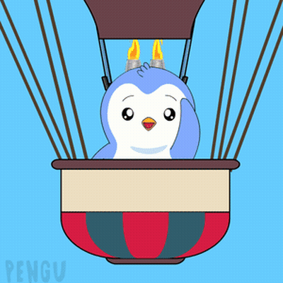 Penguin Flying In Hot Air Balloon With Word Pengu GIF