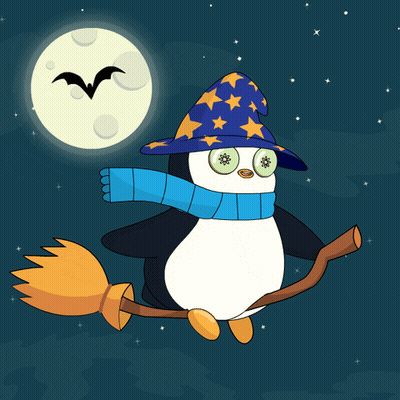 Penguin Flying On Broom With Bat GIF