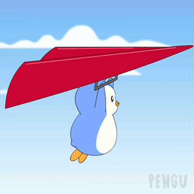 Penguin Flying With Red Paper Airplane GIF