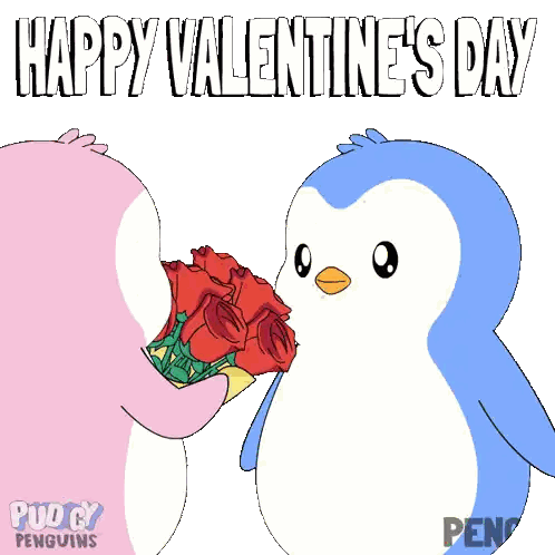 Penguin Giving Another Penguin Red Roses Happy Valentine's Day Sticker