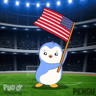 Penguin Holding American Flag With Stadium GIF