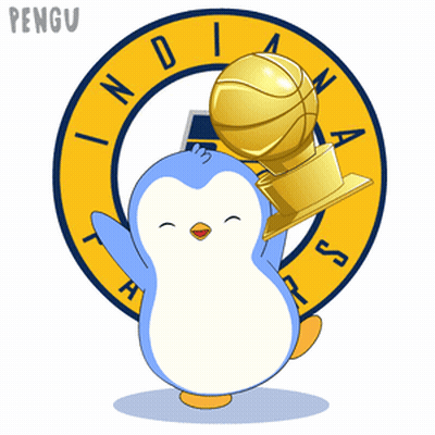 Penguin Holding Basketball Trophy In Front Of Indiana Pacers Logo GIF