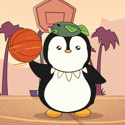 Penguin Holding Basketball With Fish On Head GIF