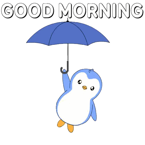 Penguin Holding Blue Umbrella Good Morning Sticker