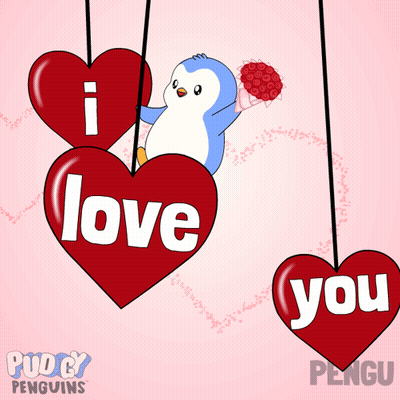 Penguin Holding Bouquet Hanging From Heart I Love You GIF