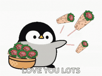 Penguin Holding Bowl Of Flowers Saying Love You Lots GIF