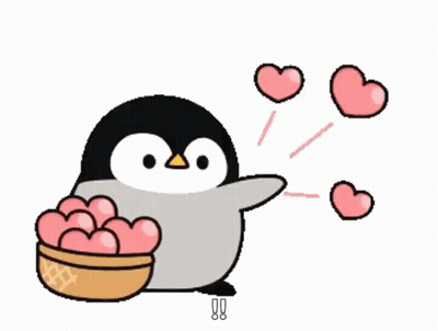 Penguin Holding Bowl Of Hearts With Flying Hearts GIF