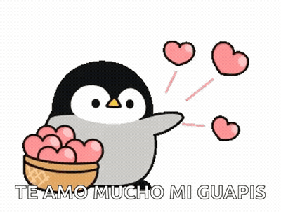 Penguin Holding Bowl Of Pink Hearts Saying Te Amo Mucho Mi Guapis GIF