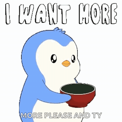 Penguin Holding Bowl Saying I Want More Please GIF